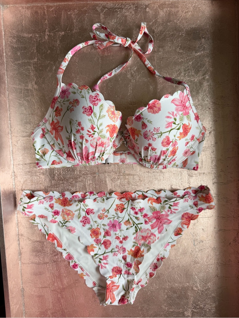 H&M White Bikini Set with Pink and Orange Floral Print